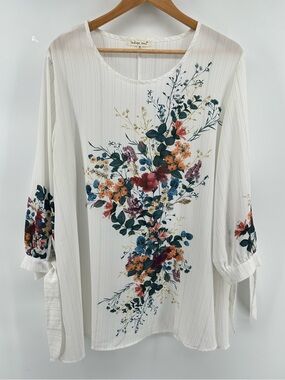indigo soul Boho  White Floral Scoop-Neck 3/4 Sleeves Women's Size 2XL